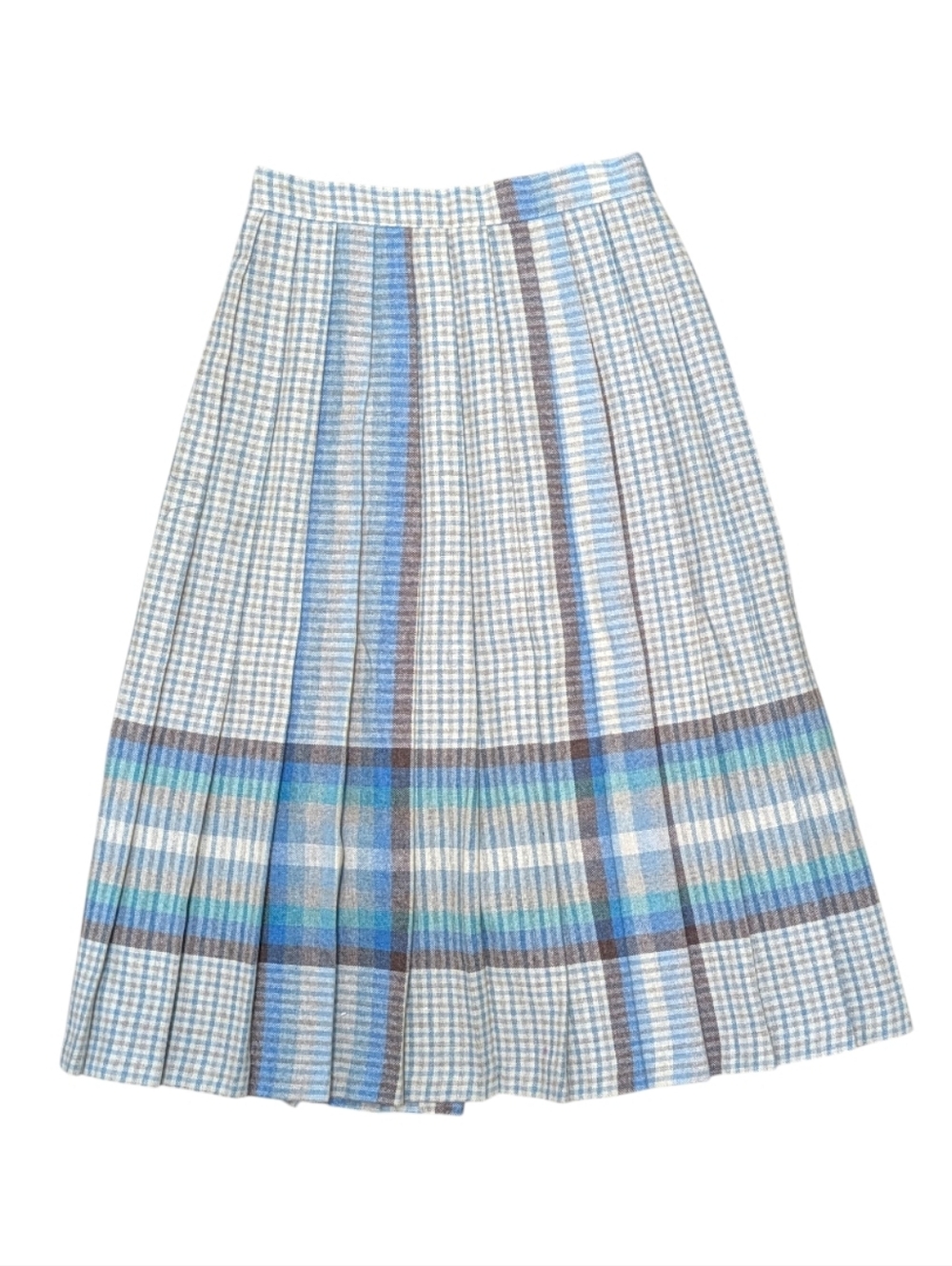 Vintage 70s Peapod Pleated Brown Checkered Wool Blend Midi Academia Skirt XS - Picture 2 of 7